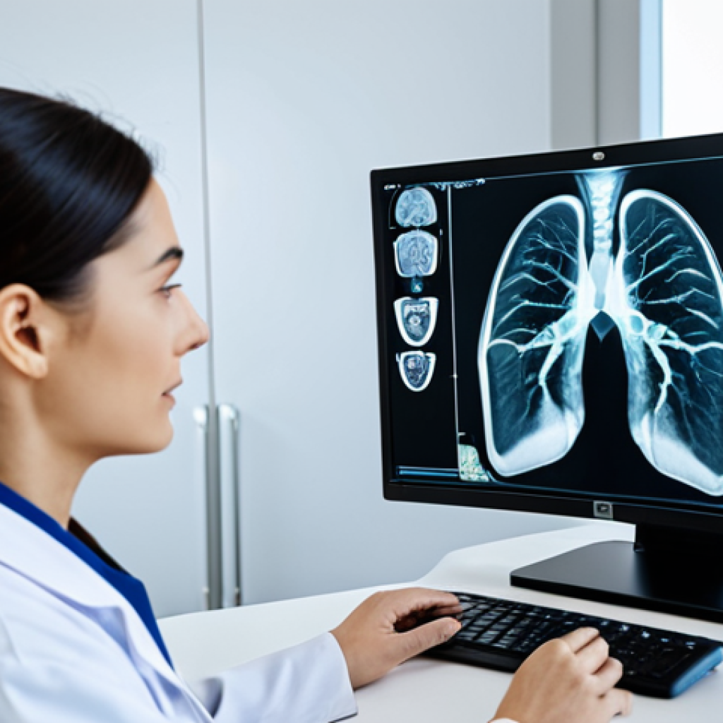 **A doctor in a modern, well-lit clinic examining an X-ray with AI assistance. The AI interface displays clear, explainable diagnostic information. The doctor wears professional attire, fully clothed. The scene should convey a sense of trust and advanced technology enhancing patient care. Safe for work, appropriate content, professional, perfect anatomy, natural proportions, high quality.**
