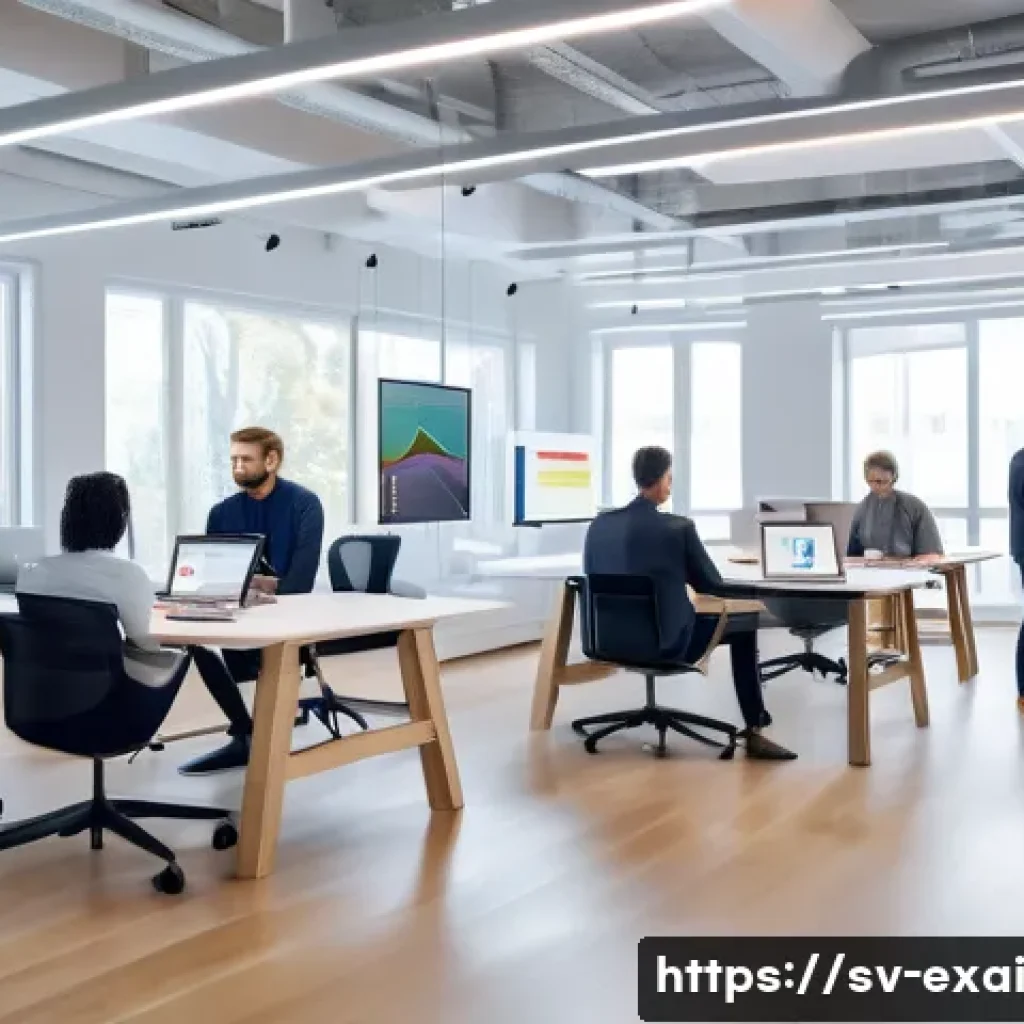 설명 가능한 AI와 고급 분석 기술 - A modern Scandinavian office environment with diverse professionals analyzing interactive AI dashboa...