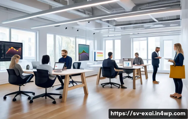 설명 가능한 AI와 고급 분석 기술 - A modern Scandinavian office environment with diverse professionals analyzing interactive AI dashboa...