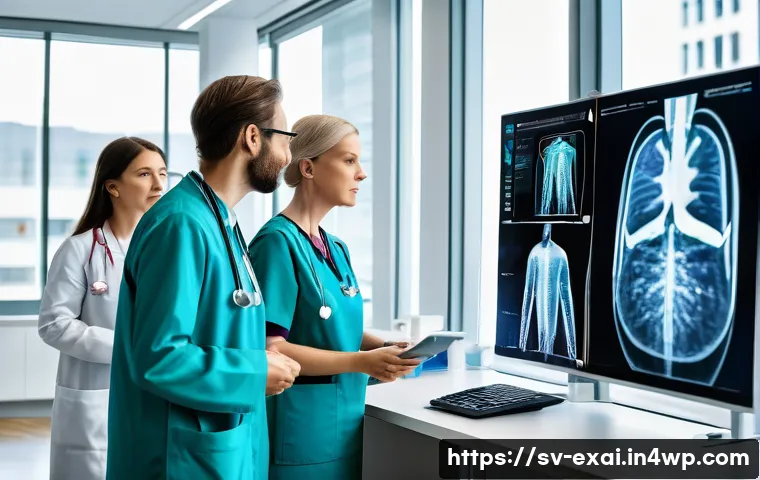 설명 가능한 AI의 구현 사례 연구 - A modern healthcare setting where a diverse group of medical professionals, including a Swedish doct...
