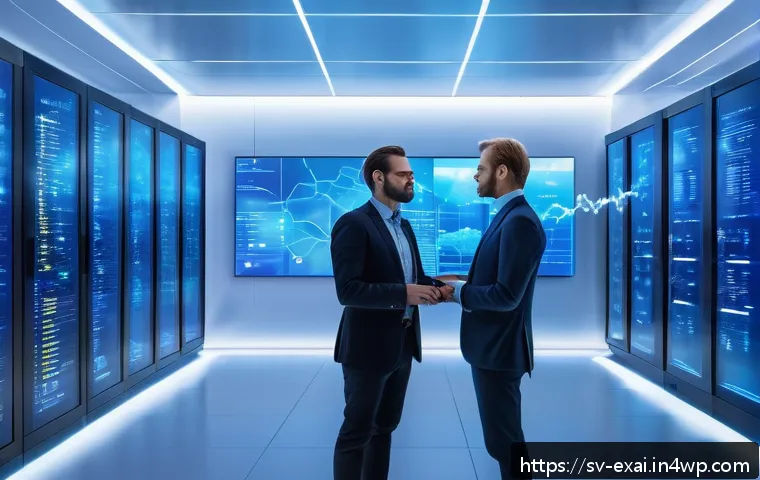 설명 가능한 AI와 클라우드 컴퓨팅 - A futuristic cloud computing data center interior, bathed in cool blue and white lighting, with tran...