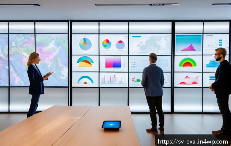 설명 가능한 AI의 알고리즘 분석 - A modern office setting in Stockholm with a diverse group of professionals examining interactive AI ...