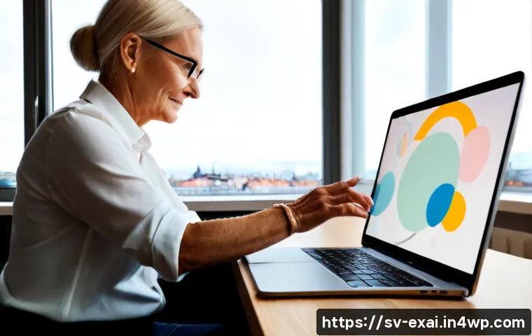 설명 가능한 AI의 상호작용 디자인 - Photorealistic Scandinavian home office in Stockholm, an older Swedish woman calmly using a laptop w...